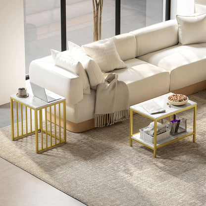 Modern Coffee Table Set of Two, Marble-Effect Nesting Side Tables with Steel Frame for Living Room, Gold Tone