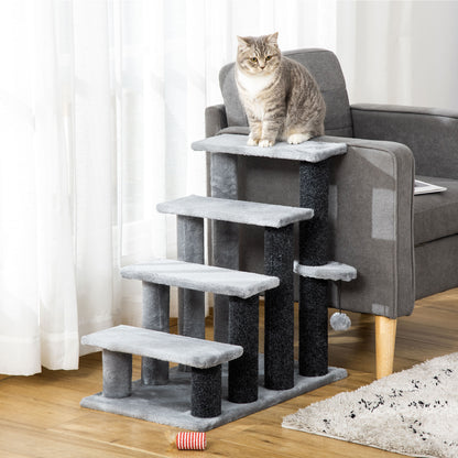 PawHut 4-step Pet Steps Stairs With Scratching Posts, Platforms, Toy Ball, Grey