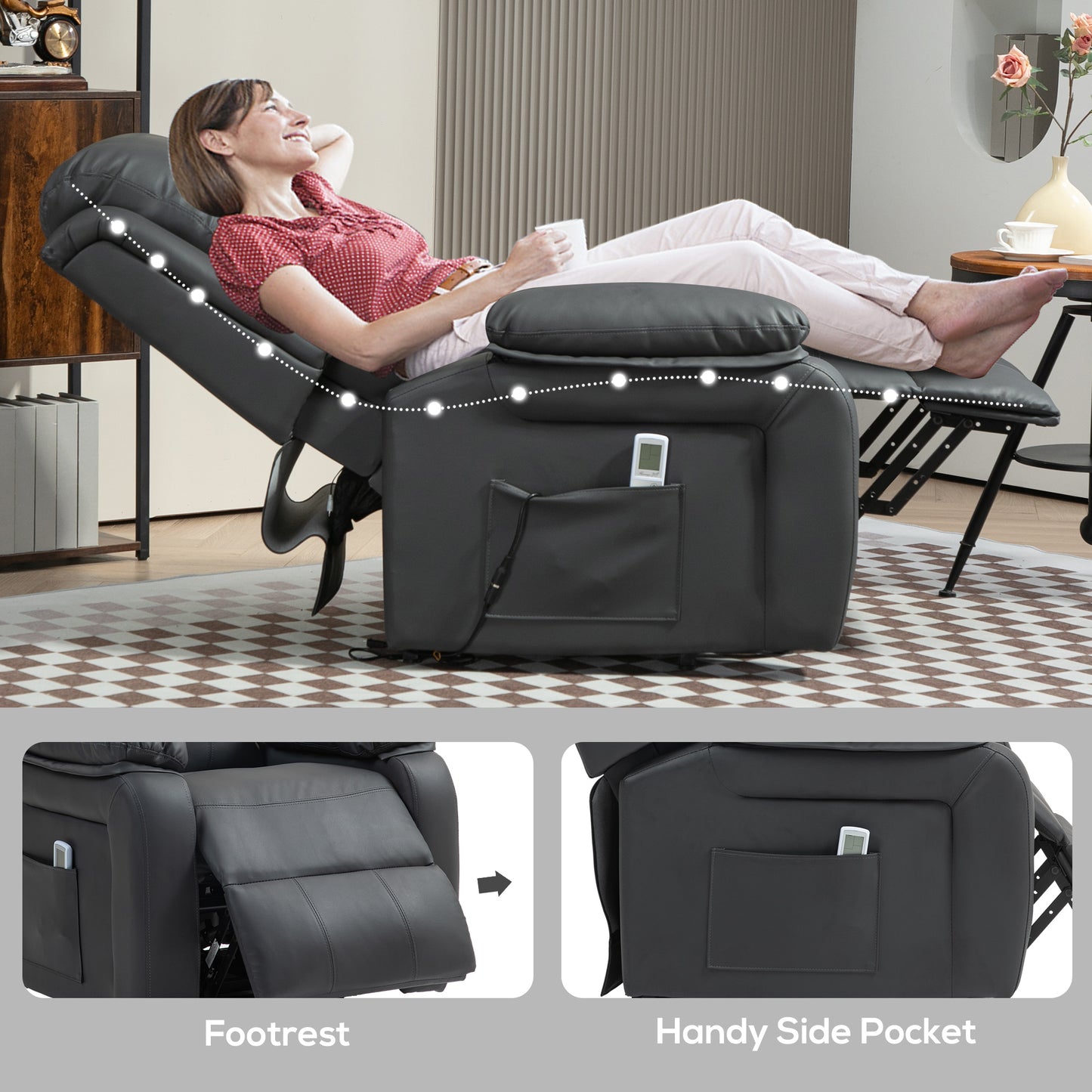 Electric Power Lift Recliner Chair Vibration Massage Reclining Chair with Remote Control and Side Pocket, Dark Grey