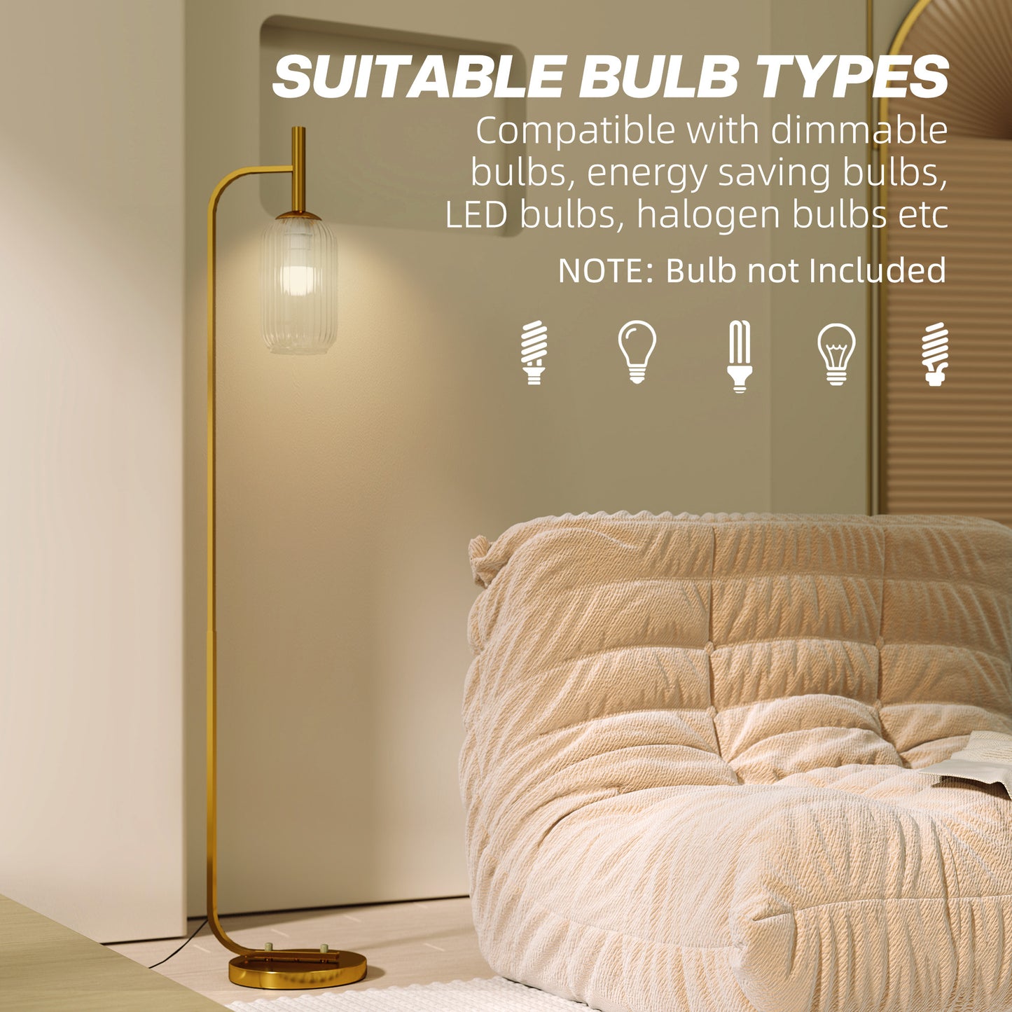 Floor Lamp for Living Room with Glass Lampshade, Modern Standing Lamp with Foot Switch for Bedroom, Bulb not Included, Gold Tone