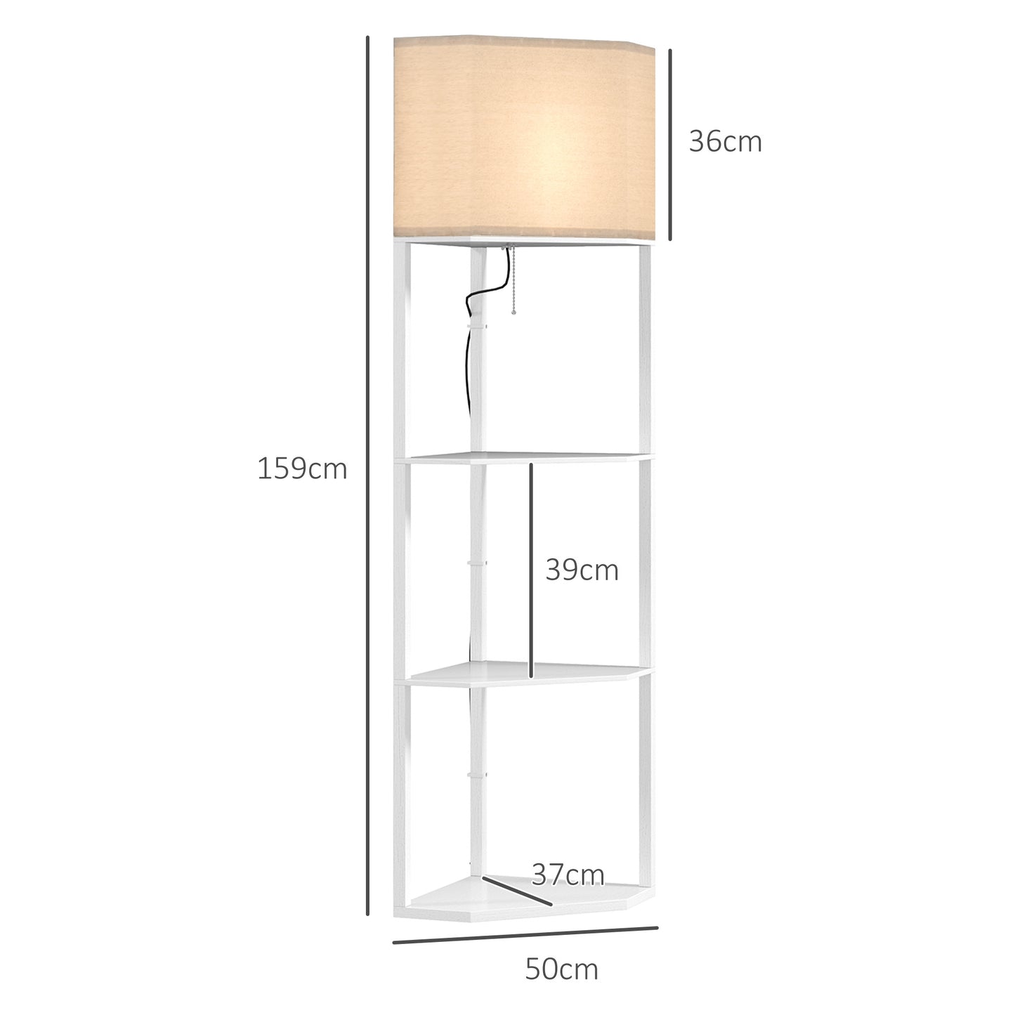 Corner Floor Lamp with Shelves, Tall Standing Lamps for Living Room, with Pull Chain Switch Bulb not Included, White