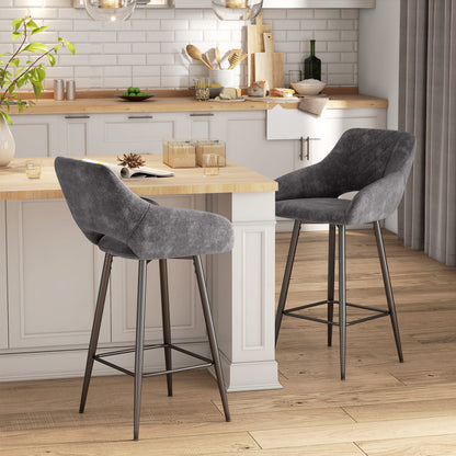 Retro Style Set of Two Velvet-Feel Bar Stools - Grey