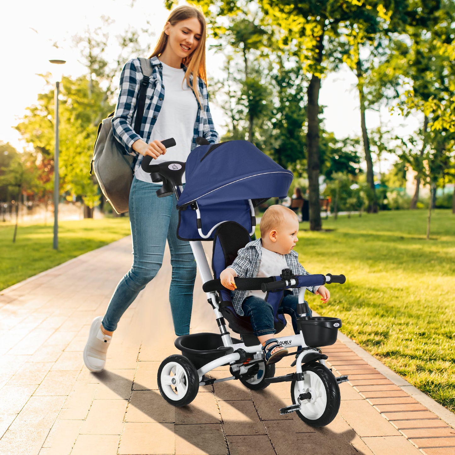 Metal Frame 4 in 1 Baby Push Tricycle with Parent Handle for 1-5 Years Old, Dark Blue