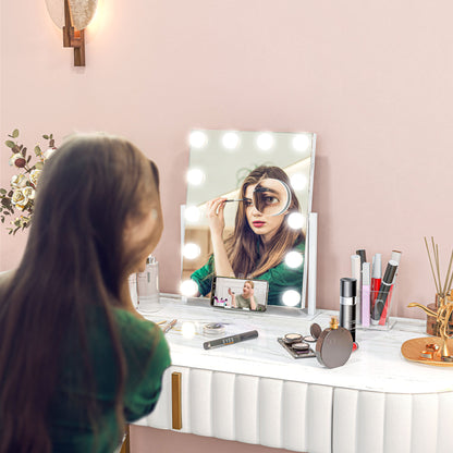 Hollywood Vanity Makeup Mirror W/ Lights, 37x46 cm Lighted, 3 Colour, 12 LED Bulbs, 10X Magnifying, USB Charging Port, Phone Holder, 360° Rotation