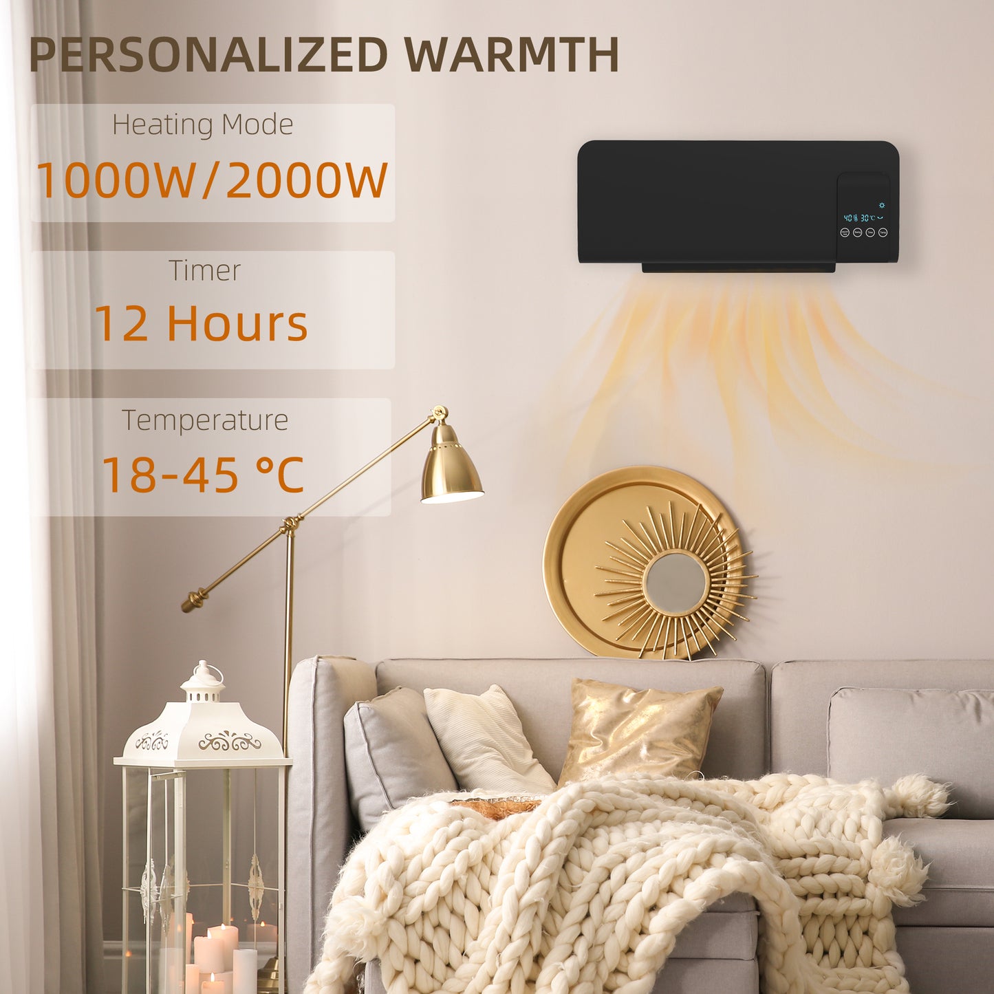 Electric Heater, 2000W Wall Mounted Space Heater with Remote Control, 2 Modes, Timer, Oscillation, Overheat Protection, Ceramic Heater for Home, Black