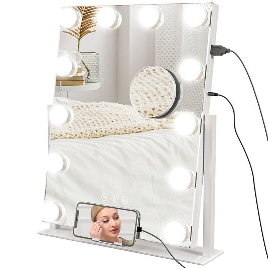 Hollywood Vanity Makeup Mirror W/ Lights, 37x46 cm Lighted, 3 Colour, 12 LED Bulbs, 10X Magnifying, USB Charging Port, Phone Holder, 360° Rotation