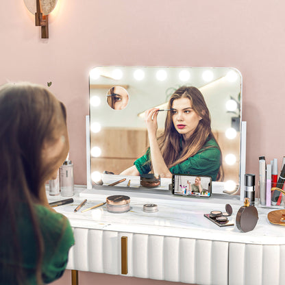 Hollywood Vanity Mirror W/ Lights Large 63x50 cm Makeup Mirror, 3 Colour, 14 LED Bulbs, 10X Magnifying, USB Charging Port, Phone Holder, 360° Rotation