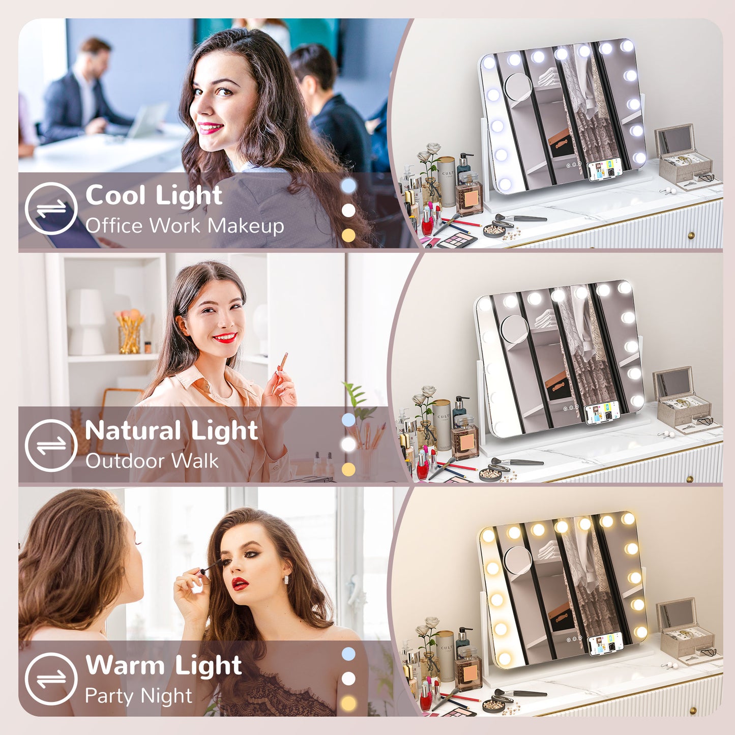 Hollywood Vanity Mirror W/ Lights Large 63x50 cm Makeup Mirror, 3 Colour, 14 LED Bulbs, 10X Magnifying, USB Charging Port, Phone Holder, 360° Rotation