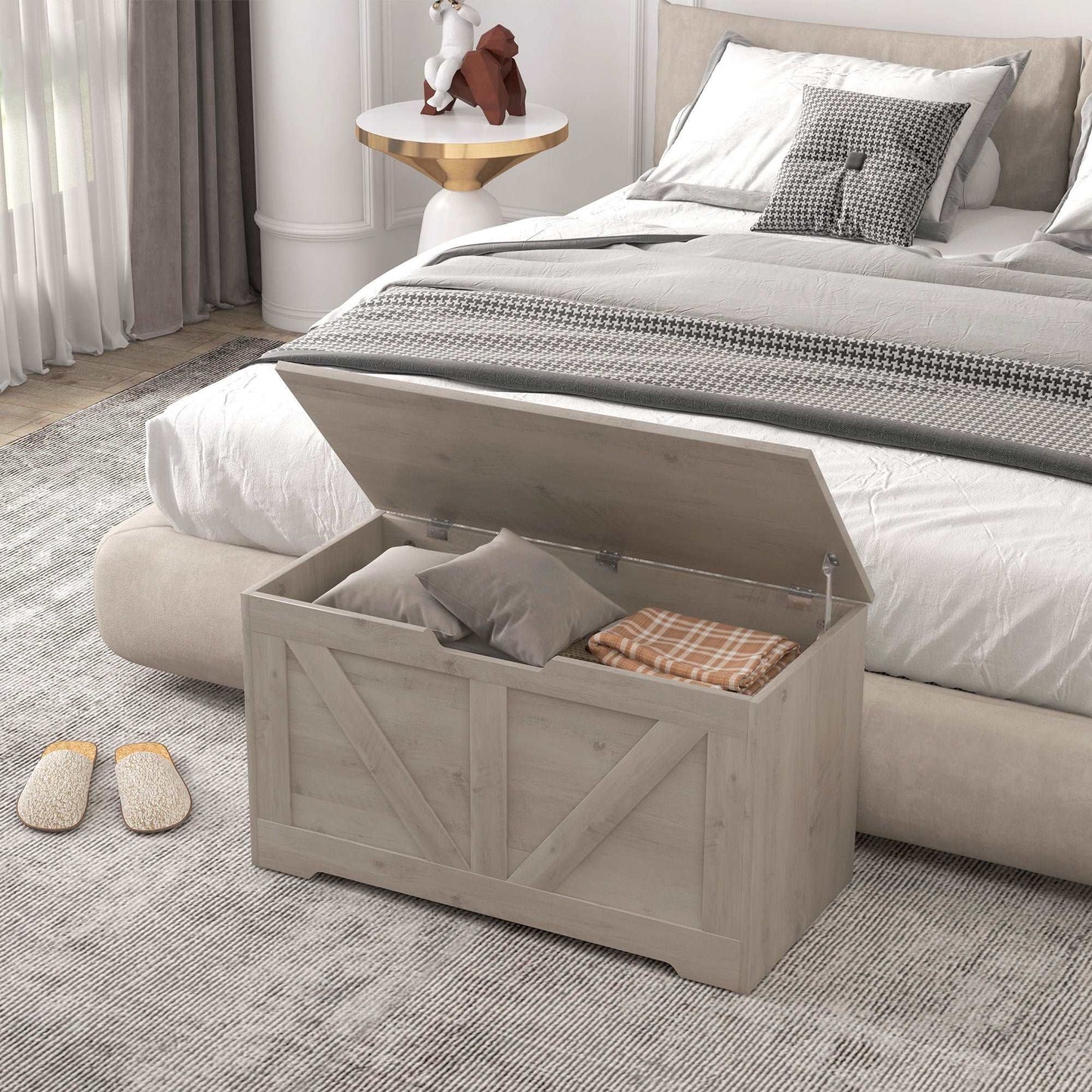 100L Home Storage Box, with Safety Hinges - Grey Wood-Effect