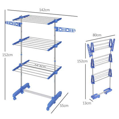 3-Tier Clothes Airer, Foldable Clothes Drying Rack, Indoor and Outdoor Dryer With Wheels and Wings, Easy Assembly, 142 x 55 x 152cm, Blue