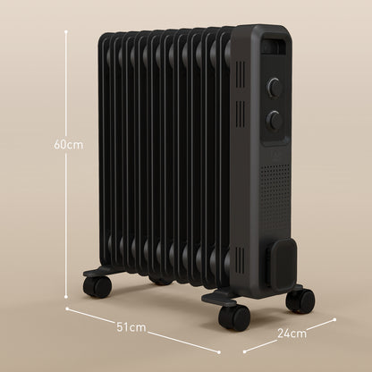 2500W Oil Filled Radiator, 11 Fin, Portable Electric Heater with 3 Heat Settings, Safety Cut-Off and Wheels, Grey