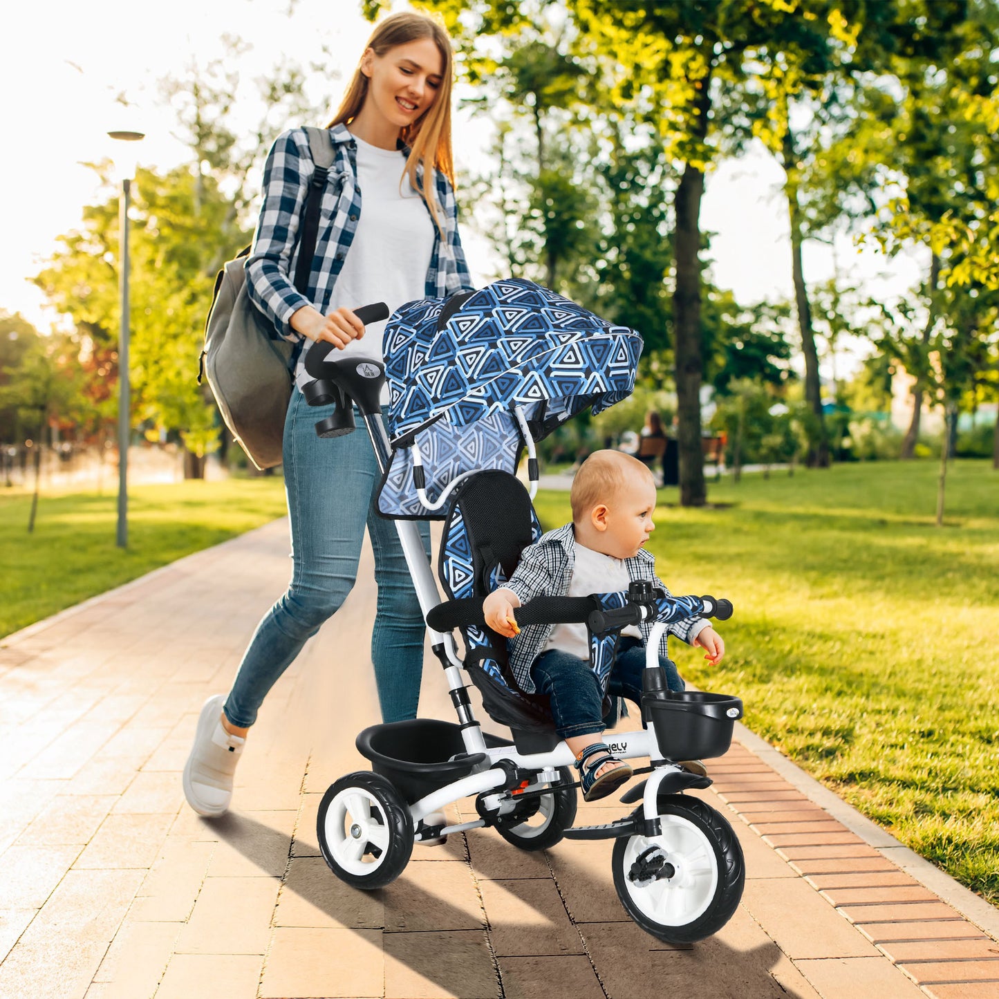 Metal Frame 4 in 1 Baby Push Tricycle with Parent Handle for 1-5 Years Old, Light Blue