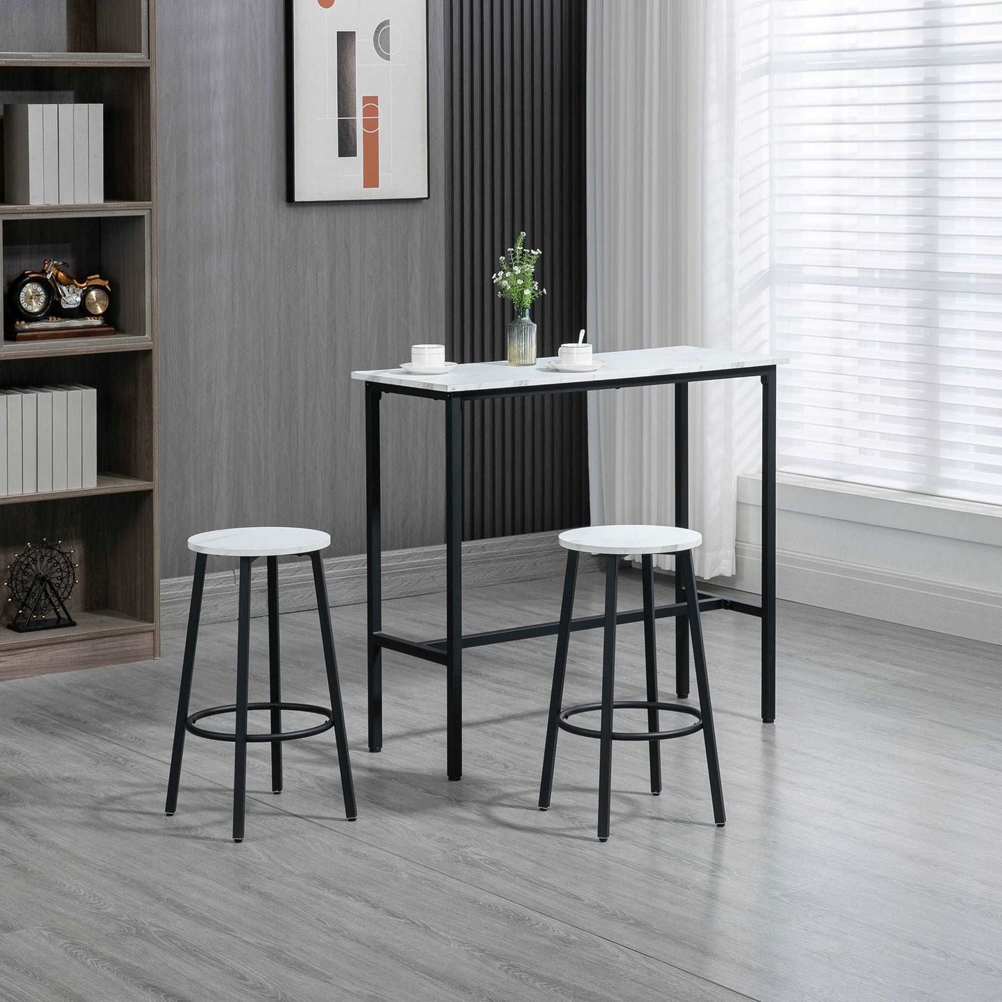 3 Piece Bar Table and Stool Set for 2 with Stools Steel Frame Footrest for Kitchen Living Room Small Space White