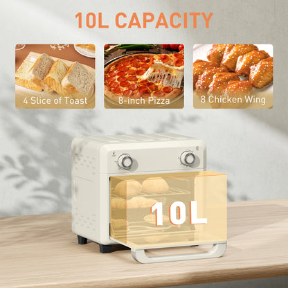 Vintage Retro Style Table Top 10L Air Fryer Oven, Mini Oven, Oil Free Cooking, Grill, Roast, Bake, with 1000W, Cream White