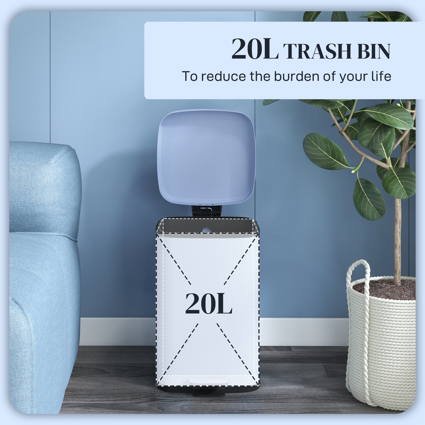 20 Litre Pedal Bin, Fingerprint Proof Kitchen Bin with Soft-close Lid, Metal Rubbish Bin with Foot Pedal and Removable Inner Bucket, Light Blue