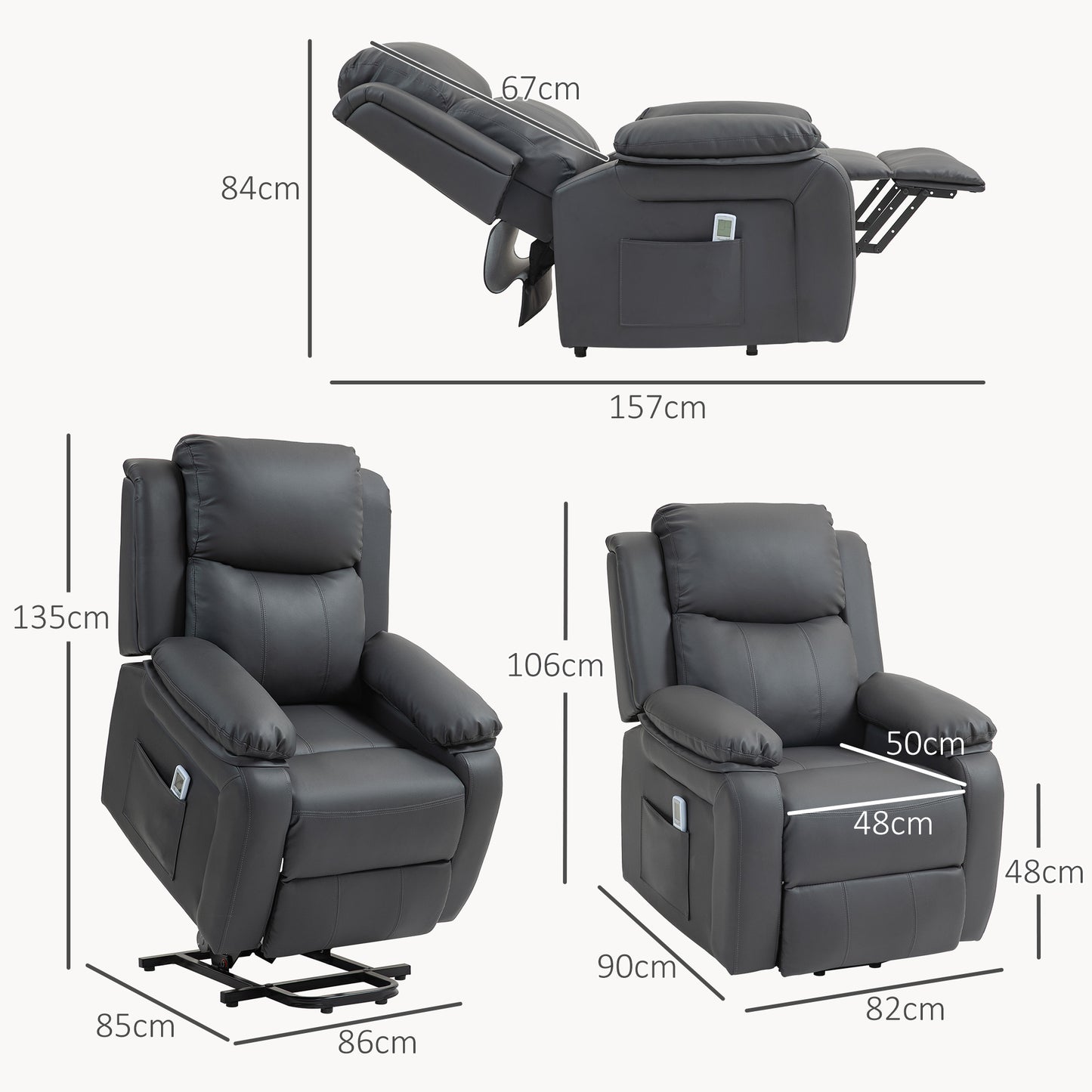 Electric Power Lift Recliner Chair Vibration Massage Reclining Chair with Remote Control and Side Pocket, Dark Grey