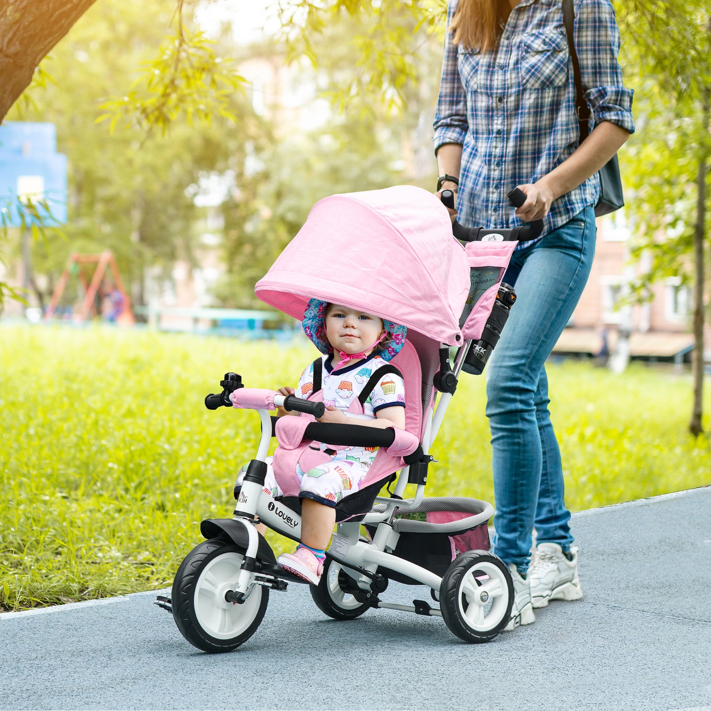 4 in 1 Kids Trike Push Bike w/ Push Handle, Canopy, 5-point Safety Belt, Storage, Footrest, Brake, for 1-5 Years, Pink