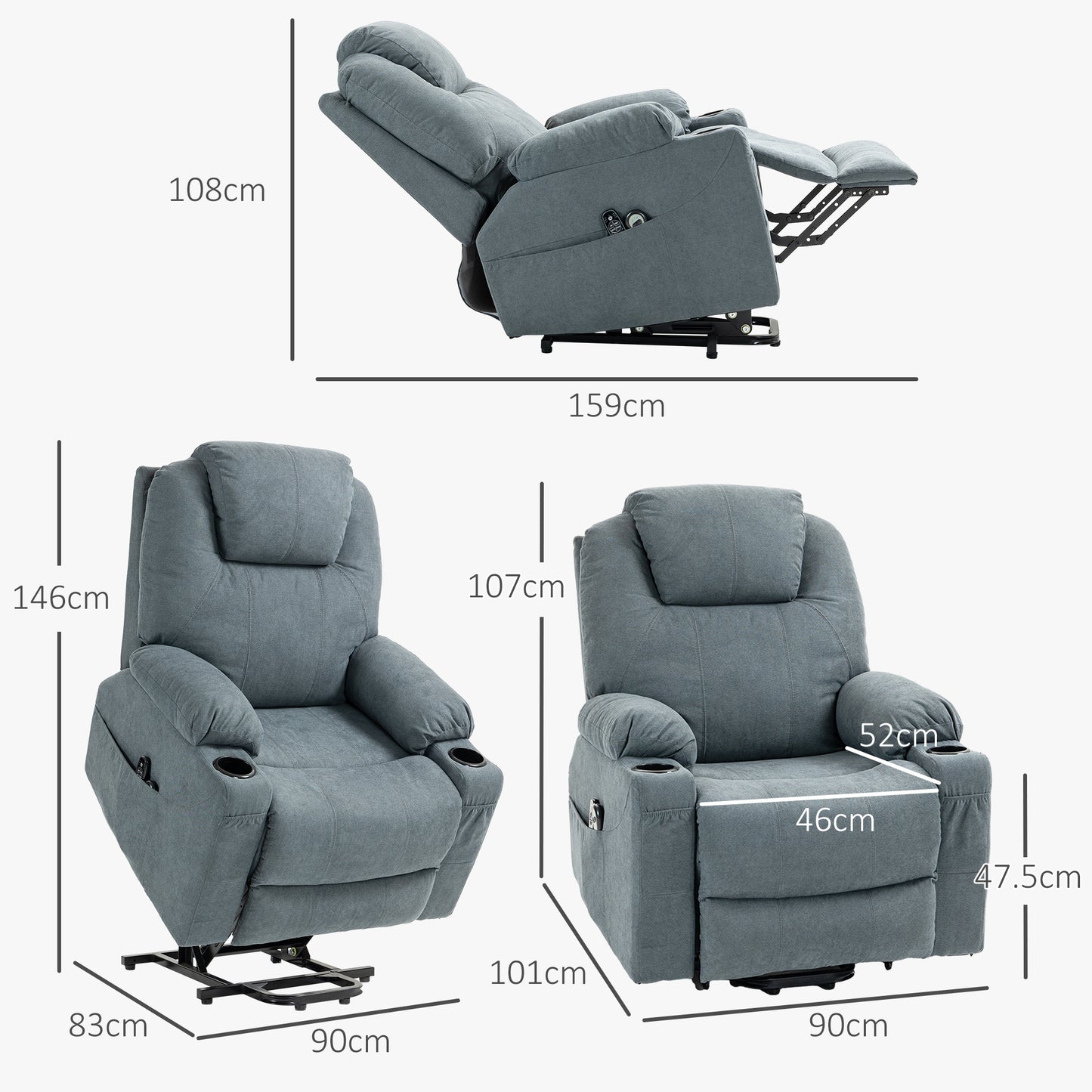 Lift Chair, Quick Assembly, Riser and Recliner Chair with Vibration Massage, Heat, Cup Holders, Charcoal Grey