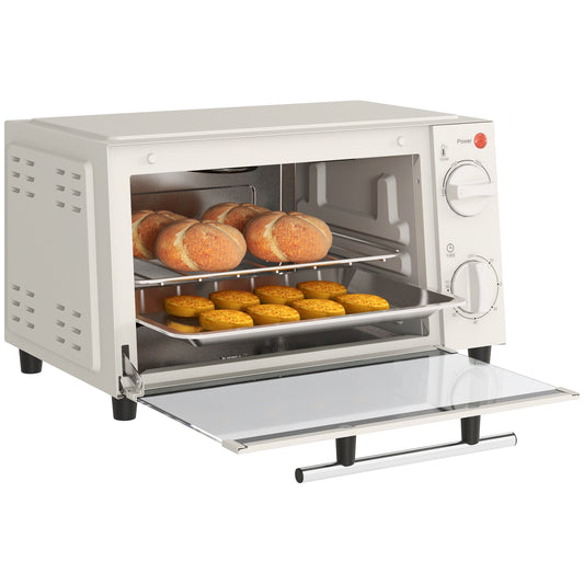 Mini Oven, 9L Countertop Electric Grill, Toaster Oven with Adjustable Temperature, Timer, Baking Tray and Wire Rack, 750W, Cream