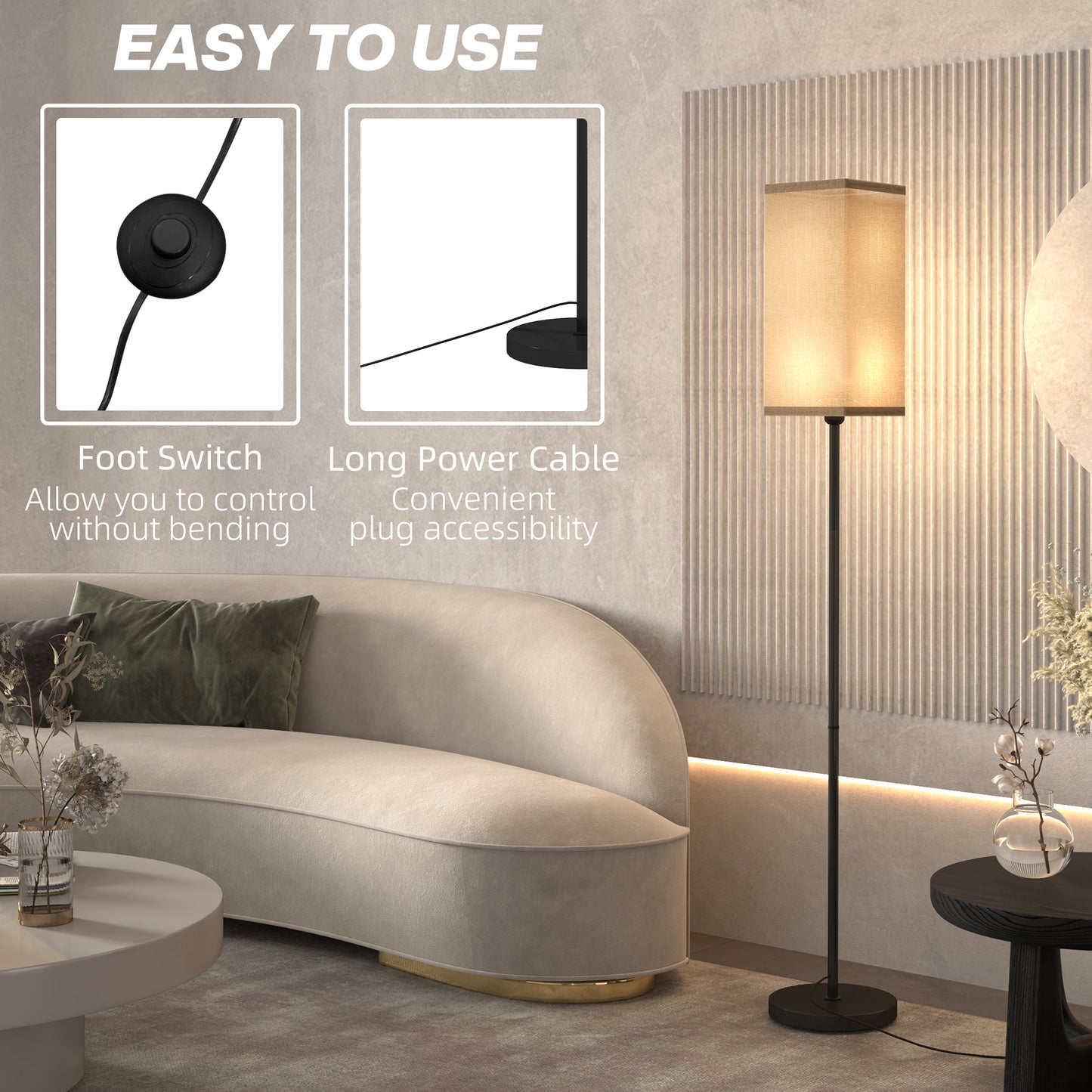 Floor Lamp, Modern Standing Lamp with Linen Shade, Tall Lamps for Living Room, Bedroom, with Foot Switch, Bulb not Included, Black