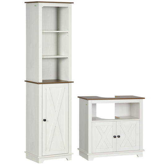 2 Piece Bathroom Furniture Set, Tall Bathroom Cabinet W/ Adjustable Shelves, Under Sink Cabinet W/ Cupboard and Open Shelf, Ash Effect