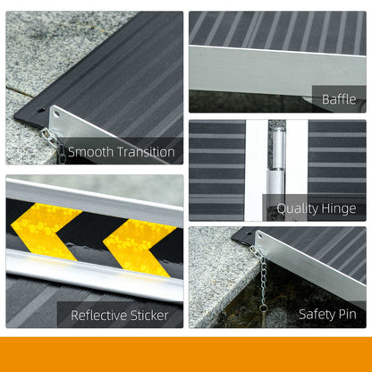 152L x 73Wcm, 272KG Capacity, Folding Aluminium Threshold Ramp w/ Non-Skid Surface, Transition Plates Above & Below for Steps