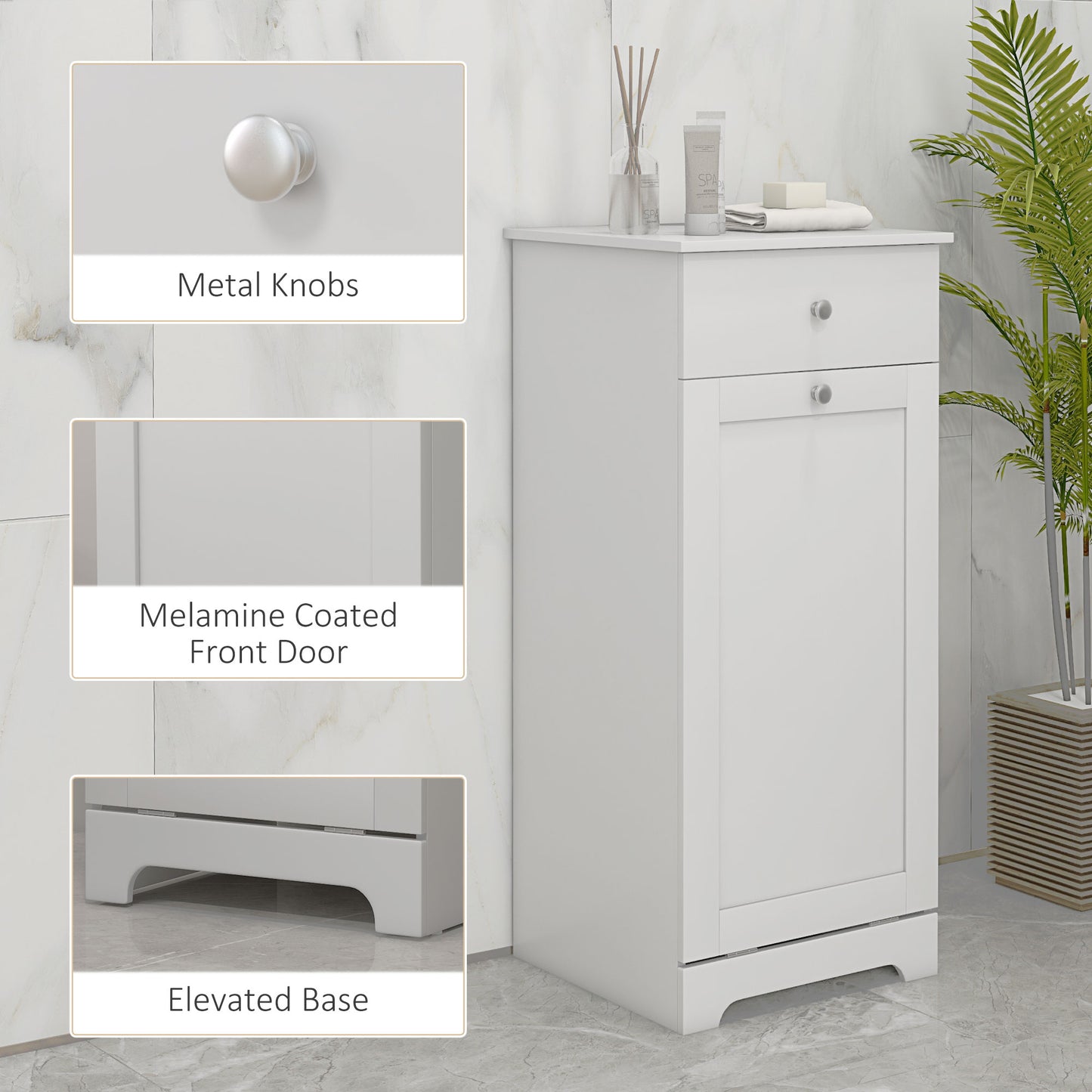 Bathroom Cabinet with Laundry Basket, Bathroom Storage Unit with Foldable Laundry Hamper and Drawer for Washroom, White