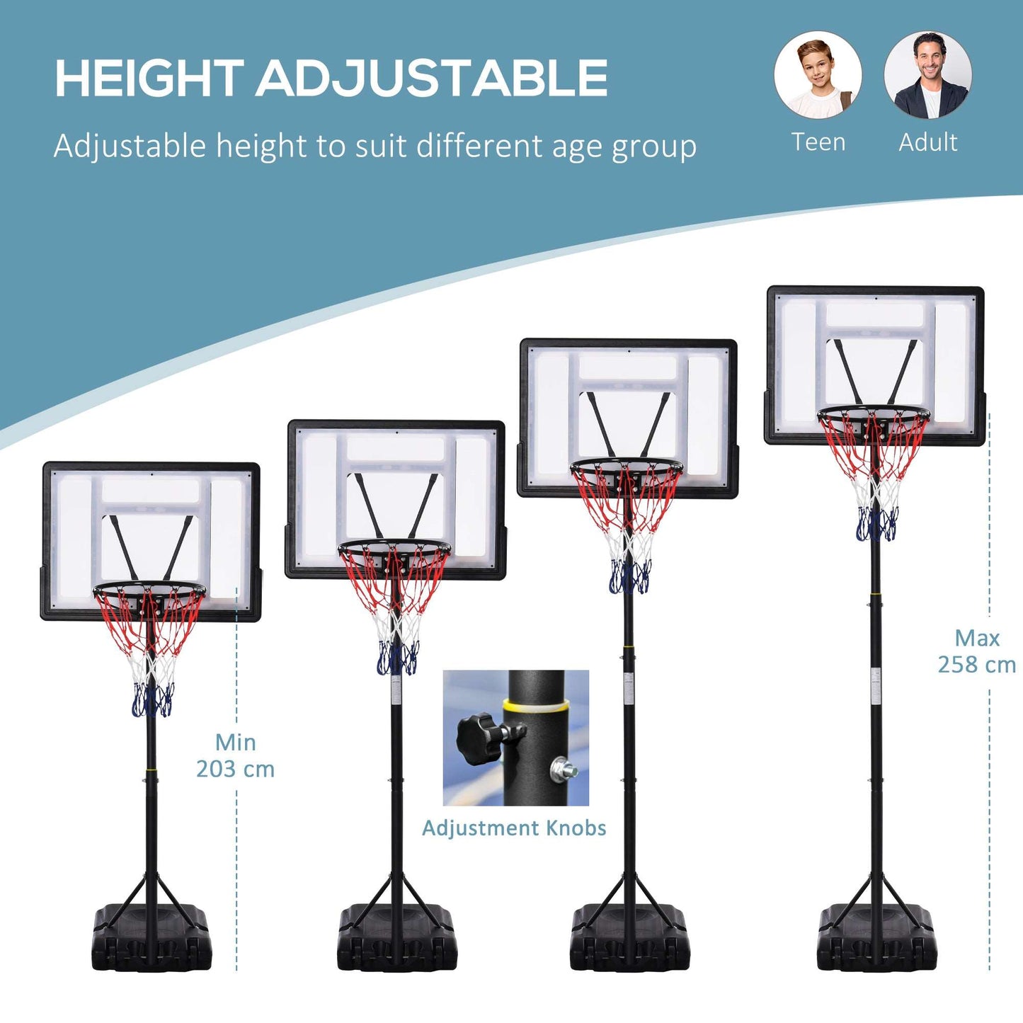 Height Adjustable Basketball Hoop And Stand, Free Standing Portable System With Fillable Base and Wheels, for Teens Junior Adults, 1.55-2.1m