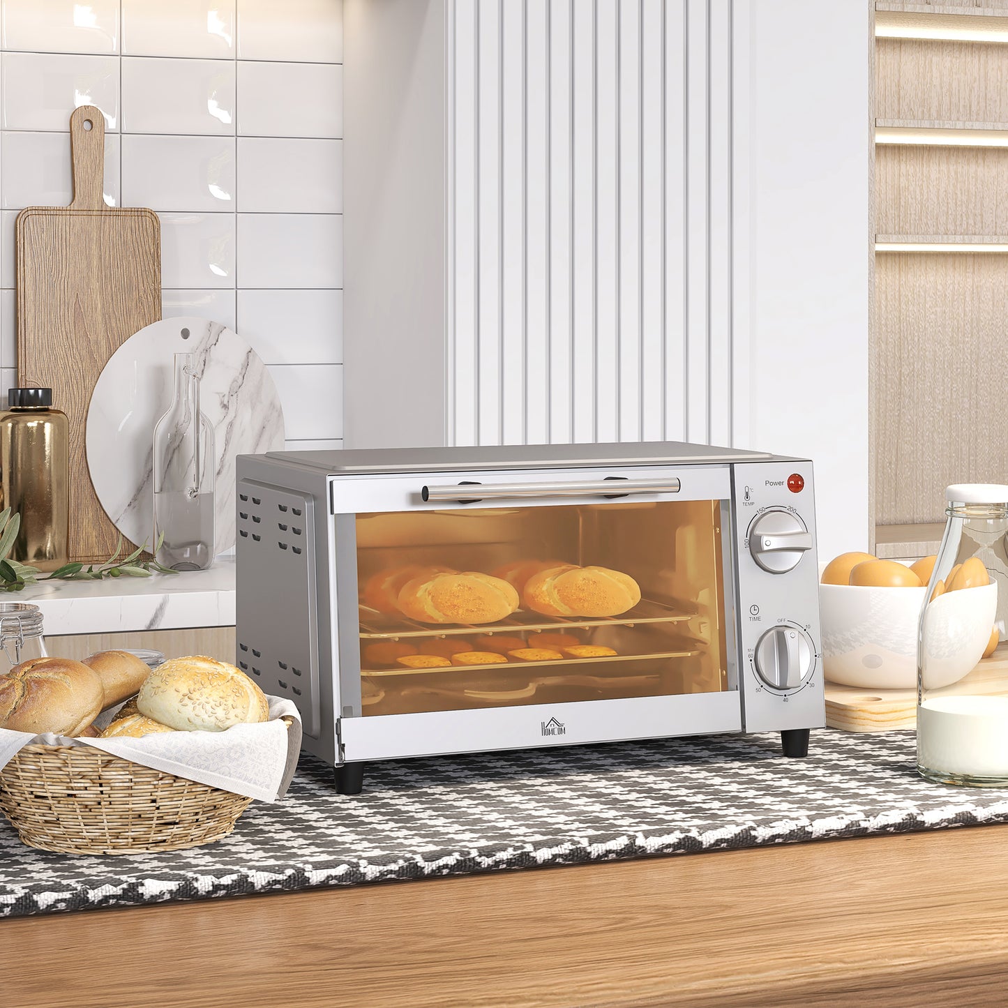 Mini Oven, 9L Countertop Electric Grill, Toaster Oven with Adjustable Temperature, Timer, Baking Tray and Wire Rack, 750W, Silver