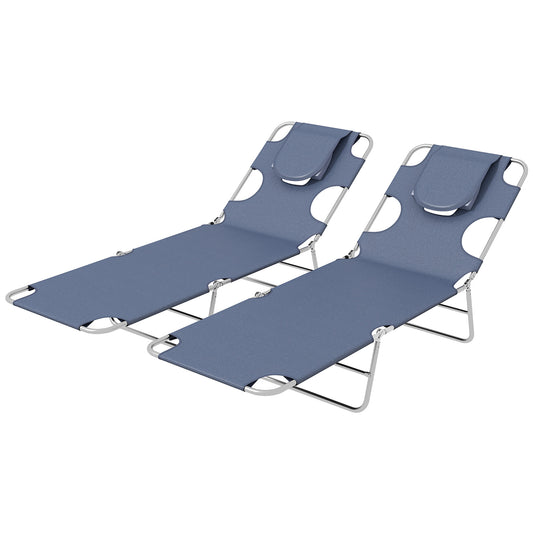 Outsunny Foldable Sun Lounger Set of 2 with Reading Hole, Portable Sun Lounger with 5 Level Adjustable Backrest, Reclining Lounge Chair with Side Pocket, Headrest Pillow, Grey