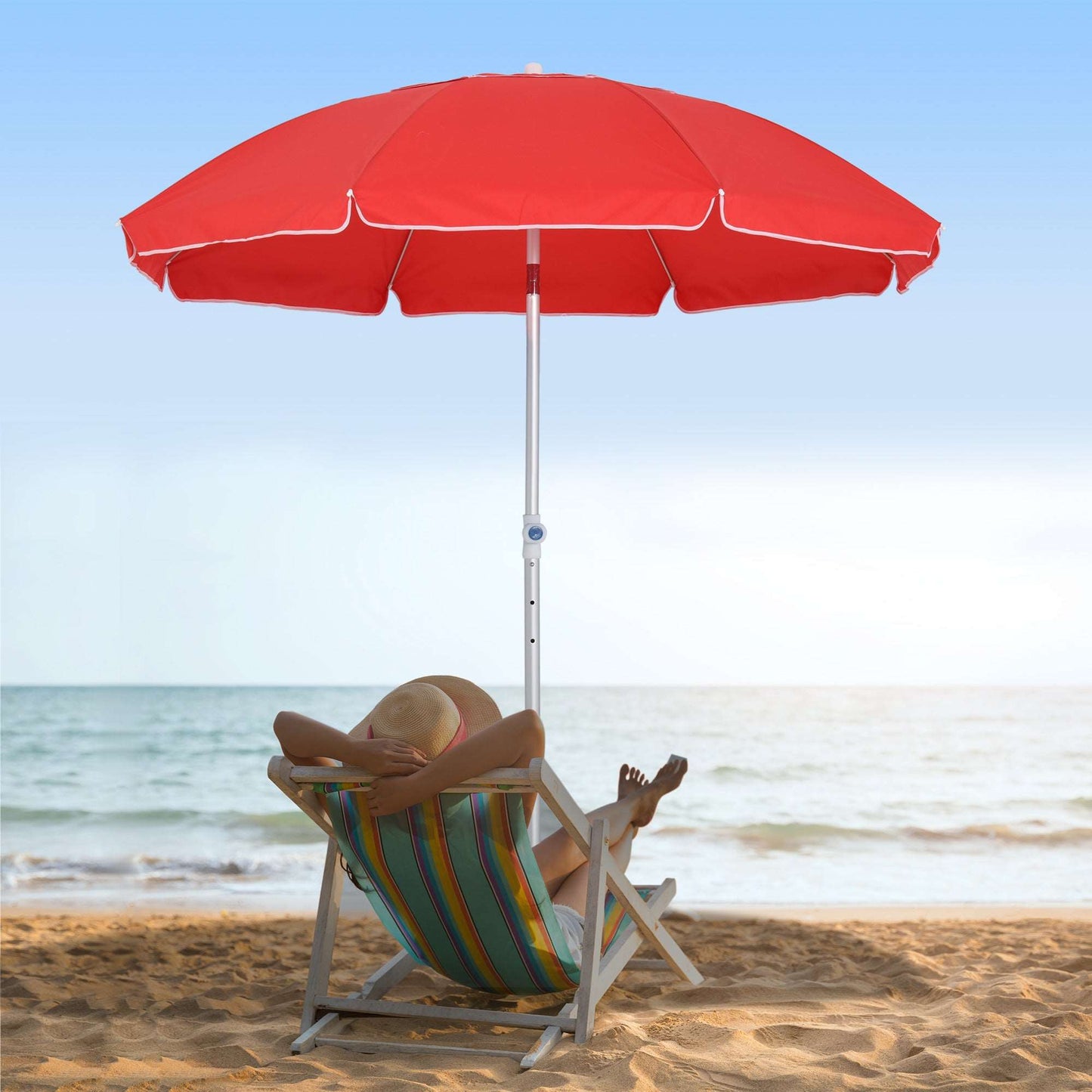 1.9m Arced Beach Umbrella 3-Angle Canopy Parasol w/ Aluminium Frame Pointed Spike Carry Bag Outdoor Sun Safe Shelter Patio Red