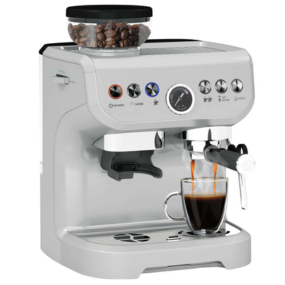 15 Bar Coffee Expresso Machine, with Adjustable Grind, Steamer and Accessories - Silver Colour