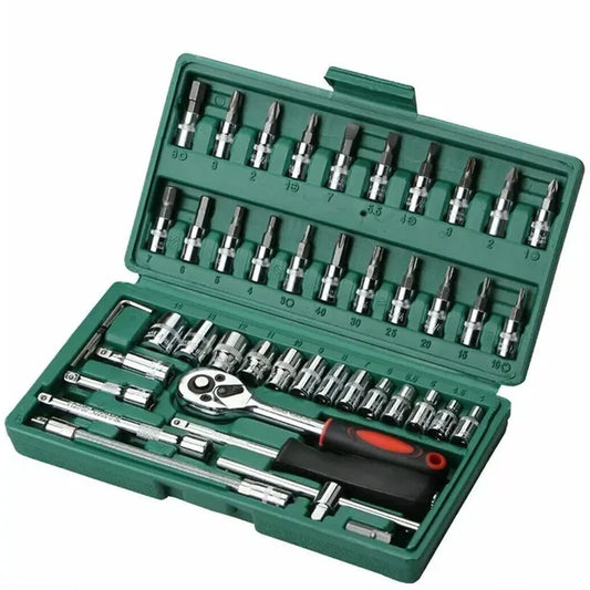 46 Piece Spanner Socket Ratchet Wrench Set 1/4" Drive Metric Hex Bit Socket Set Mechanic Tool Car Repair Kit With Green Case