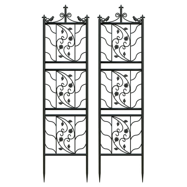 Set Of 2 Tall Thick Metal Garden Trellis Bird Leaf Grid Design Panel Climbing Plants Support