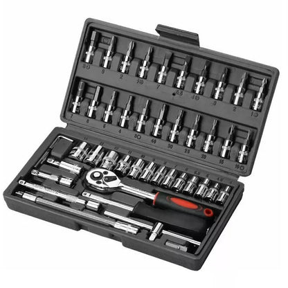 46 Piece 1/4" Drive Metric Flexible Head Ratcheting Wrench Combination Spanner Mechanic Tool Set Car Repair Tool Kit w/Black Case