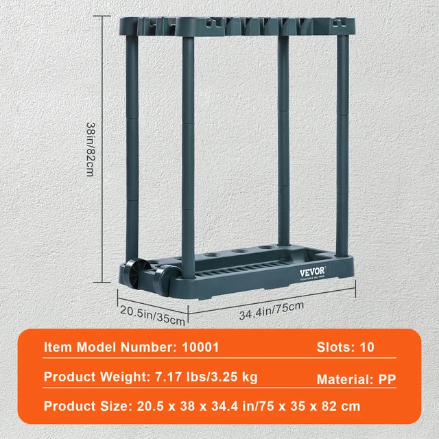 10 Slots Yard Garden Tool Organiser Long-Handled Tool/Rake/Broom Tower Storage Rack Stand Holder for Garage Organisation