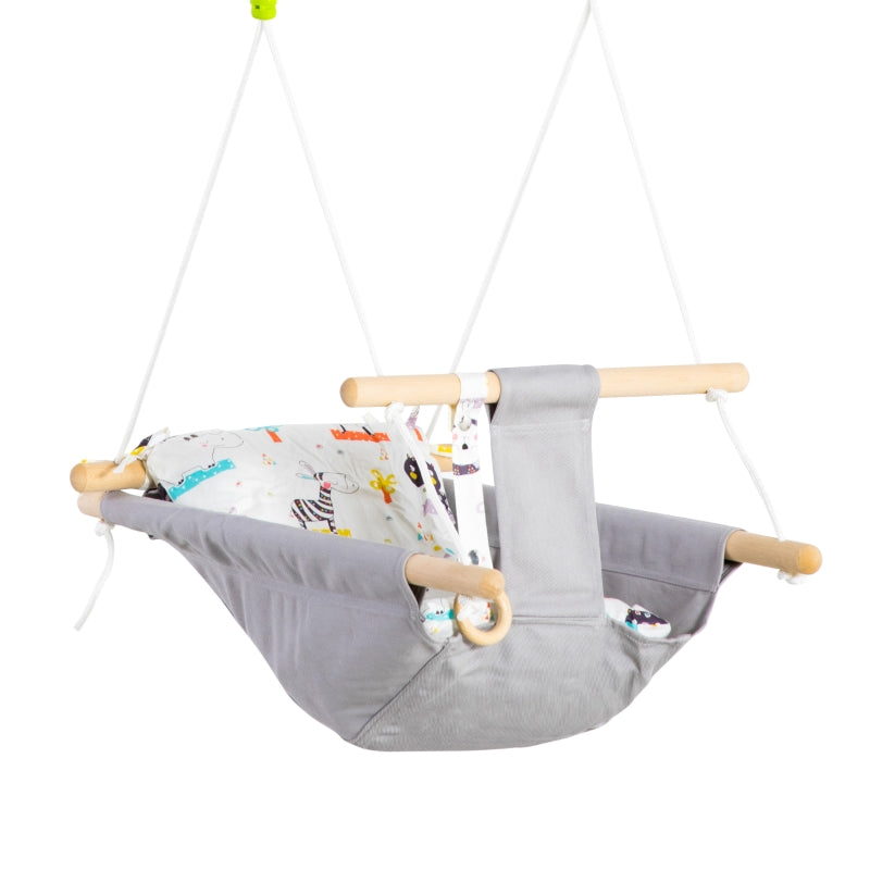 Outsunny Baby Swing Seat, Kids Hanging Hammock Chair, with Cotton-Padded Pillow, Wooden Frame, Indoor Use, for Ages 6-36 Months, Grey