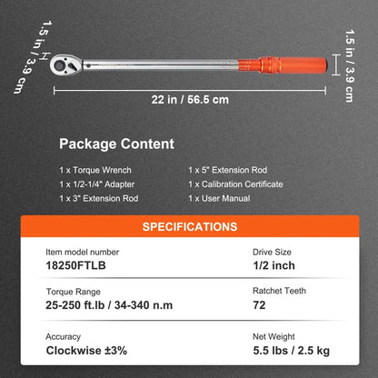 VEVOR 1/2" 1/4" 3/8" Mechanical Torque Wrench Rachet Set Precision Pointer Hand Tools  Mechanical Workshop Car Repair Tool