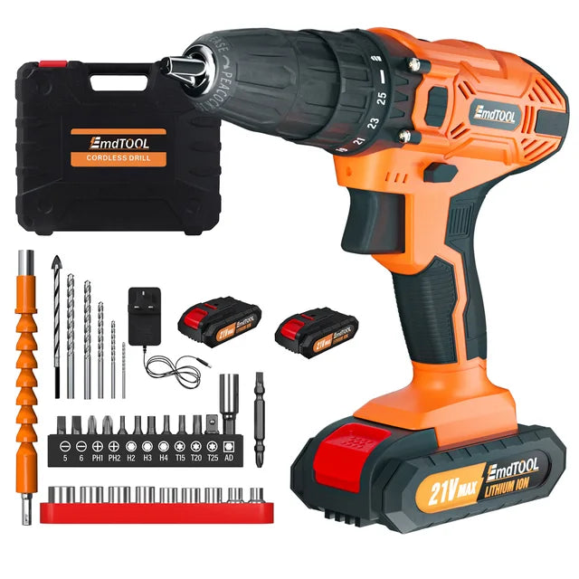 Cordless Driver 21V Battery Drill Electric Screwdriver Set 25+1 Torque Setting, 2 Speed, LED Light