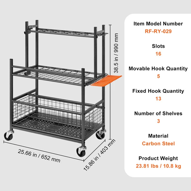 16 Slots Garden Tool Organiser Yard Tool Tower Rack With Hooks On Wheels Long-Handled Rake Stand Holder For Garage Shed Storage