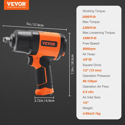 VEVOR 1/2 Inch Air Impact Wrench Rachet Socket High Torque Up to 1400 ft-lbs Pneumatic Impact Gun with Steel Impact Socket Set for Auto Repair