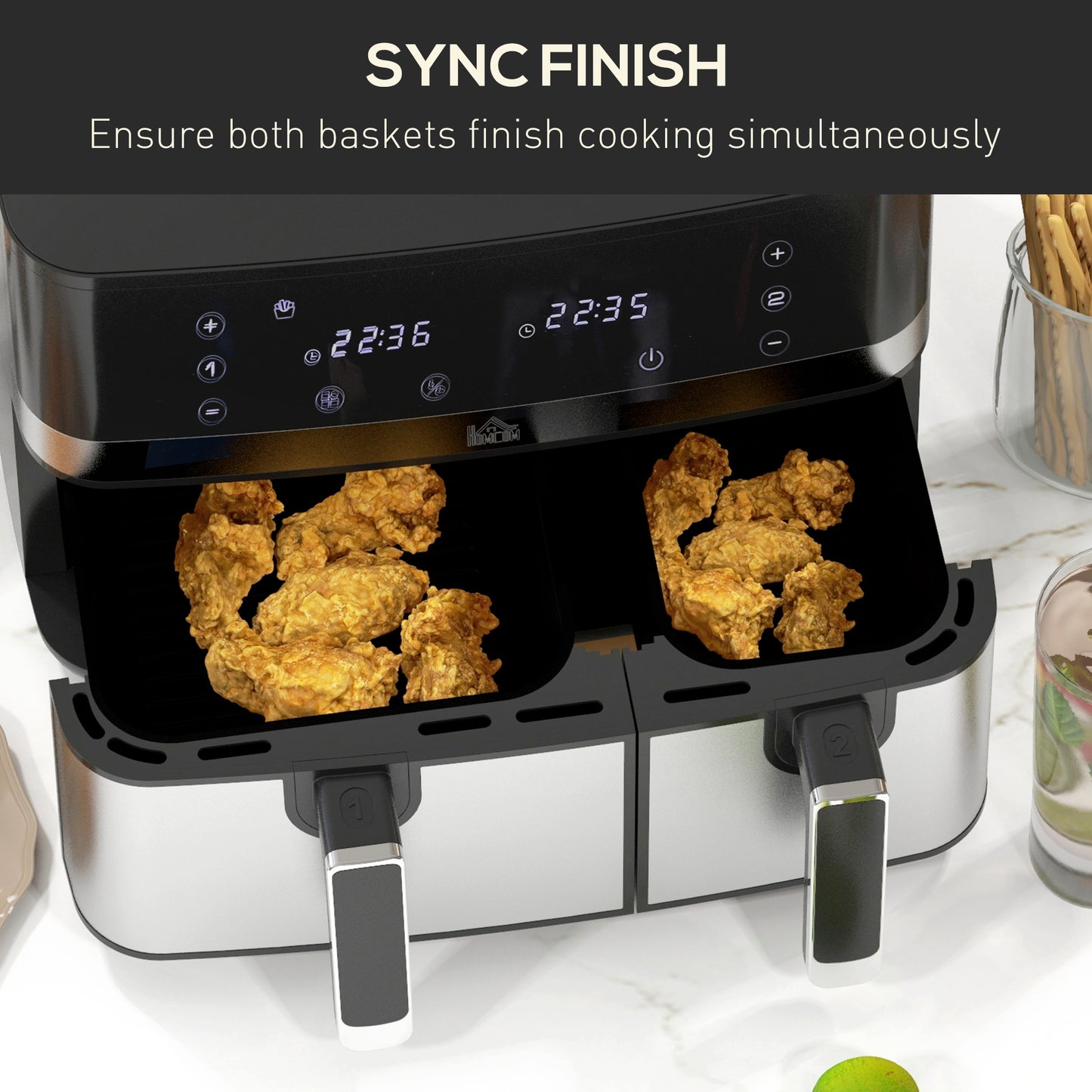 Dual Air Fryer, 8.5L Family Size Double Air Fryer Oven with 8-In-1 Presets, Smart Finish, Digital Display, Recipe, Timer, Healthy Cooking, 2700W