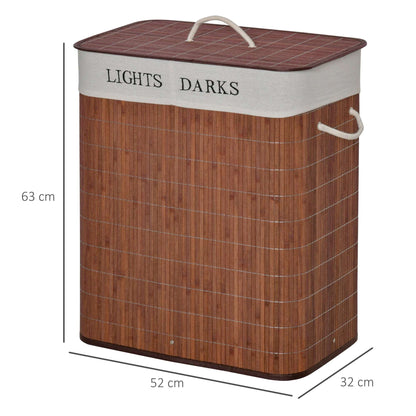 100L Laundry Basket with Lid String Handles, 2 Section Collapsible Hamper Removable Lining Foldable Water-Resistant Dirty Clothes Storage, Brown