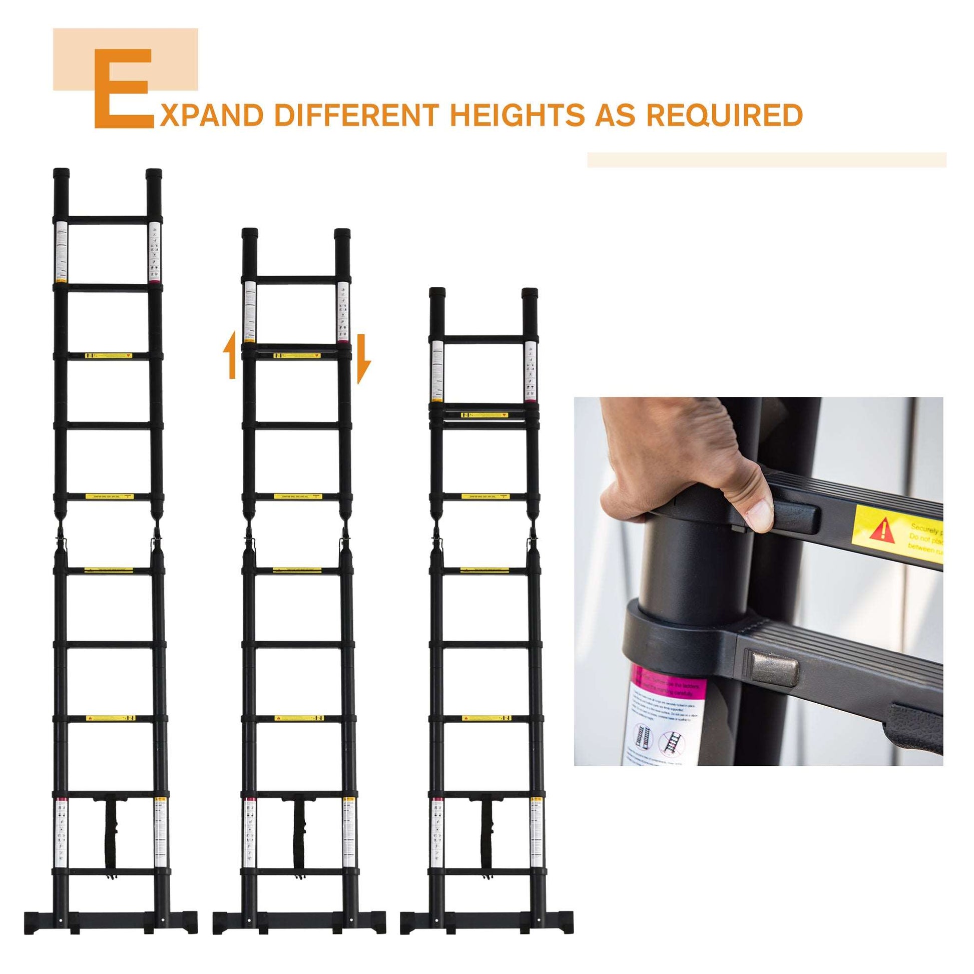 3.2m/10.5ft Telescopic Ladder, Extendable, Aluminium With Anti-slip Pedals, Multi-purpose Portable 10 Step Ladder, 150kg Capacity, EN131, Black