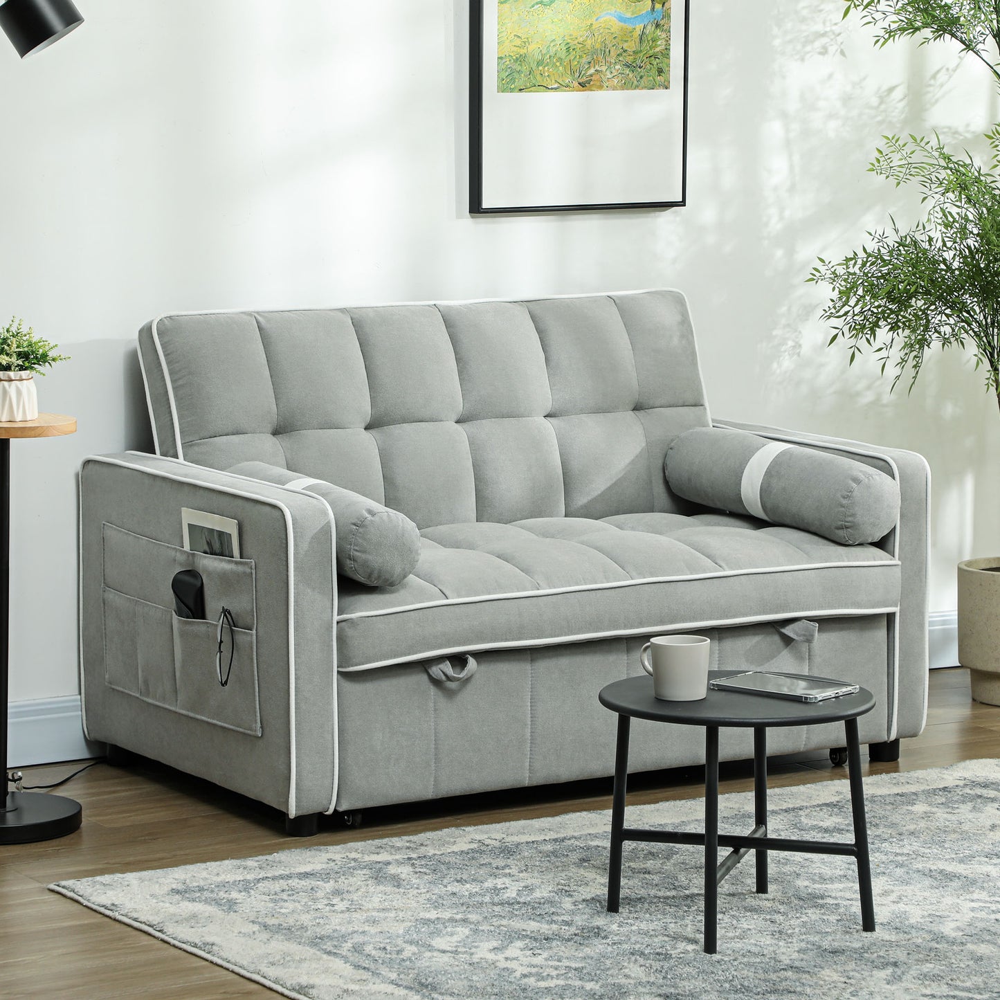 Two-Seater Linen-Look Sofa Bed - Light Grey