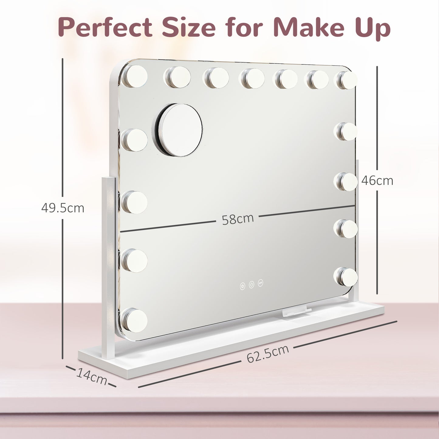 Hollywood Vanity Mirror W/ Lights Large 63x50 cm Makeup Mirror, 3 Colour, 14 LED Bulbs, 10X Magnifying, USB Charging Port, Phone Holder, 360° Rotation