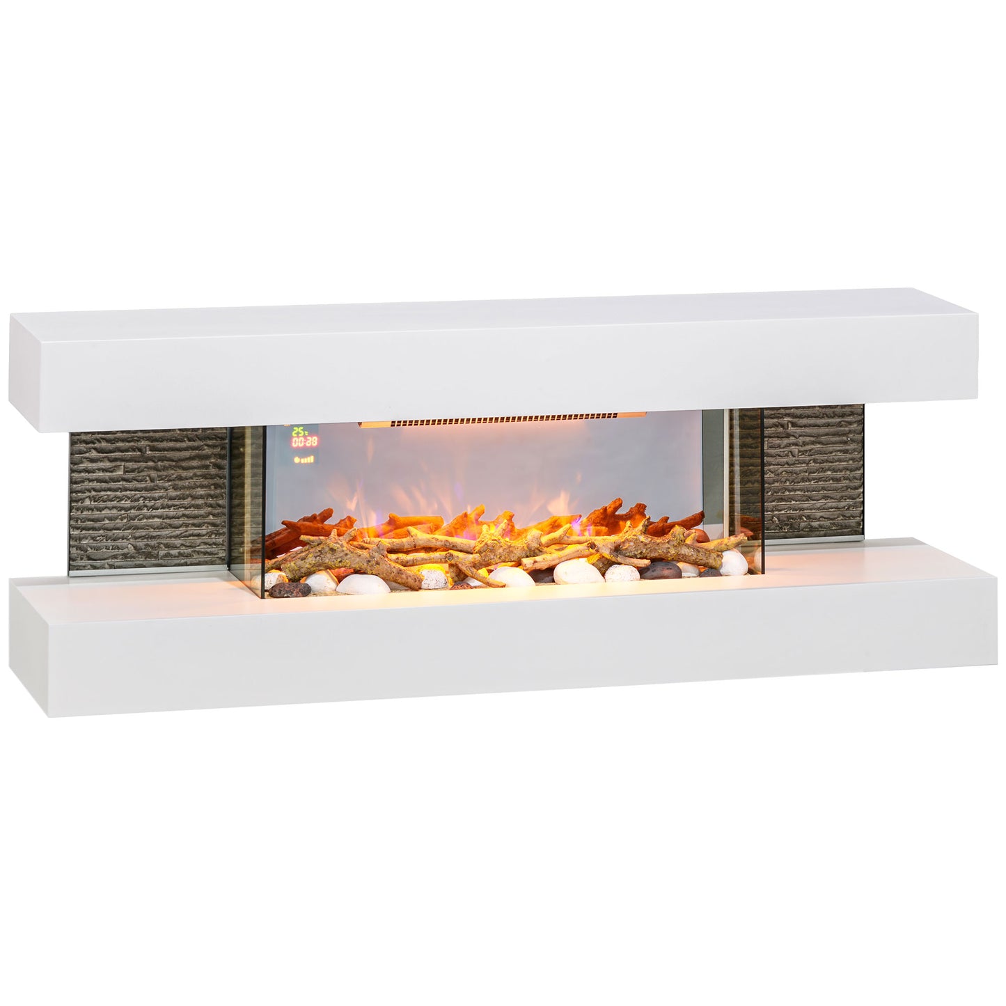 47inch / 120cm Electric Fireplace Wall Mounted, Freestanding, Glass Fire Suite W/ Mantel, Adjustable LED Flame Effect, Log, Pebble, 2000W, White