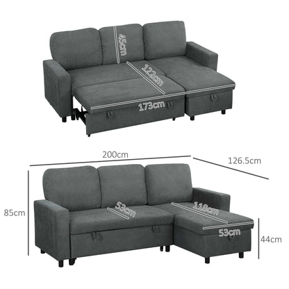 Sofa Bed with Storage, Convertible L Shaped Corner Sofa Bed, 3 Seater Pull Out Couch, Side Pockets for Living Room, Small Spaces, Charcoal Grey