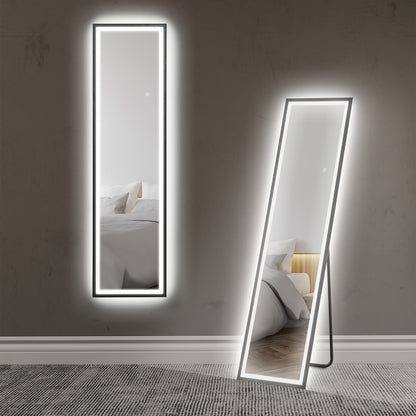 Full Length Mirror with LED Lights, 150 x 40cm Free Standing Mirror with Dimming and 3 Colour Lighting, Leaning or Wall Mirror - Black