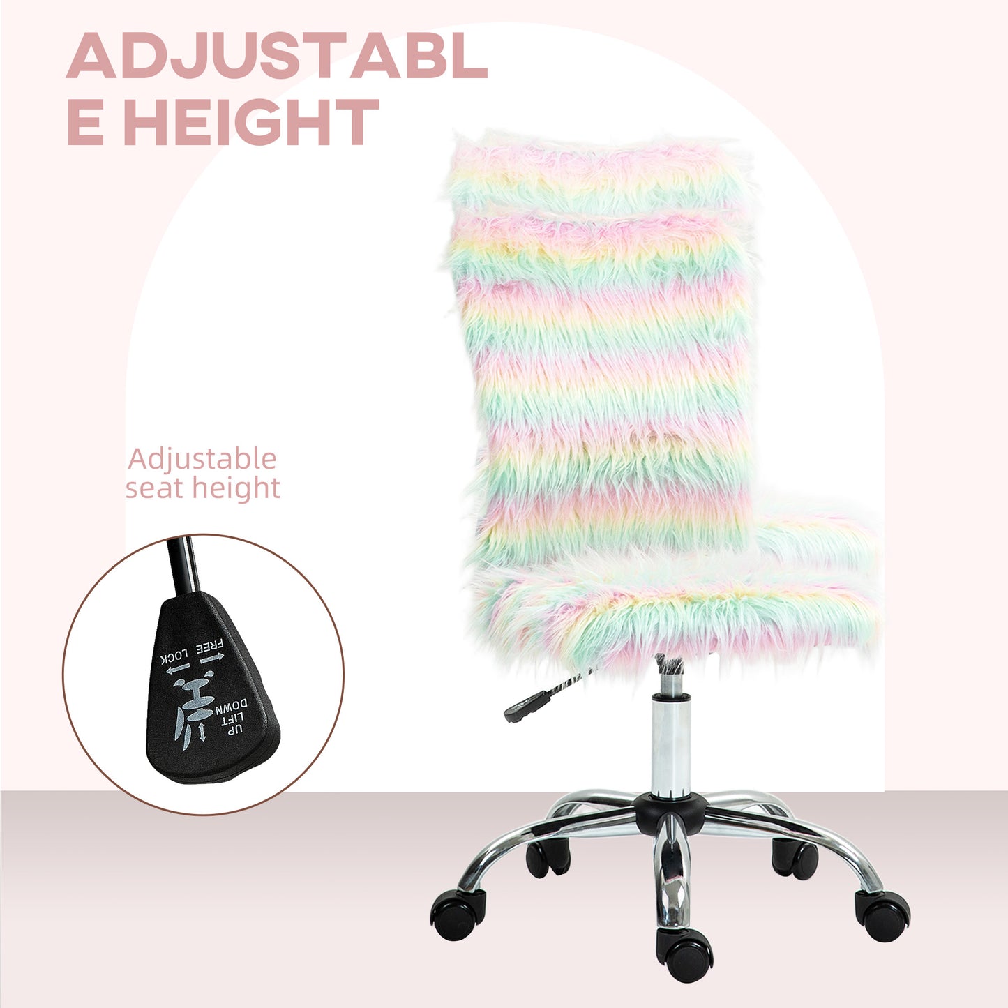 Armless Computer Desk Chair, Fluffy Fabric Swivel Office Chair, Makeup Vanity Chair with Height Adjustable, Wheels, Unicorn Tone